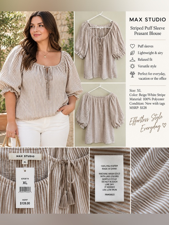 Max Studio Tops - Max Studio Beige & White Striped Puff Sleeve Peasant Top